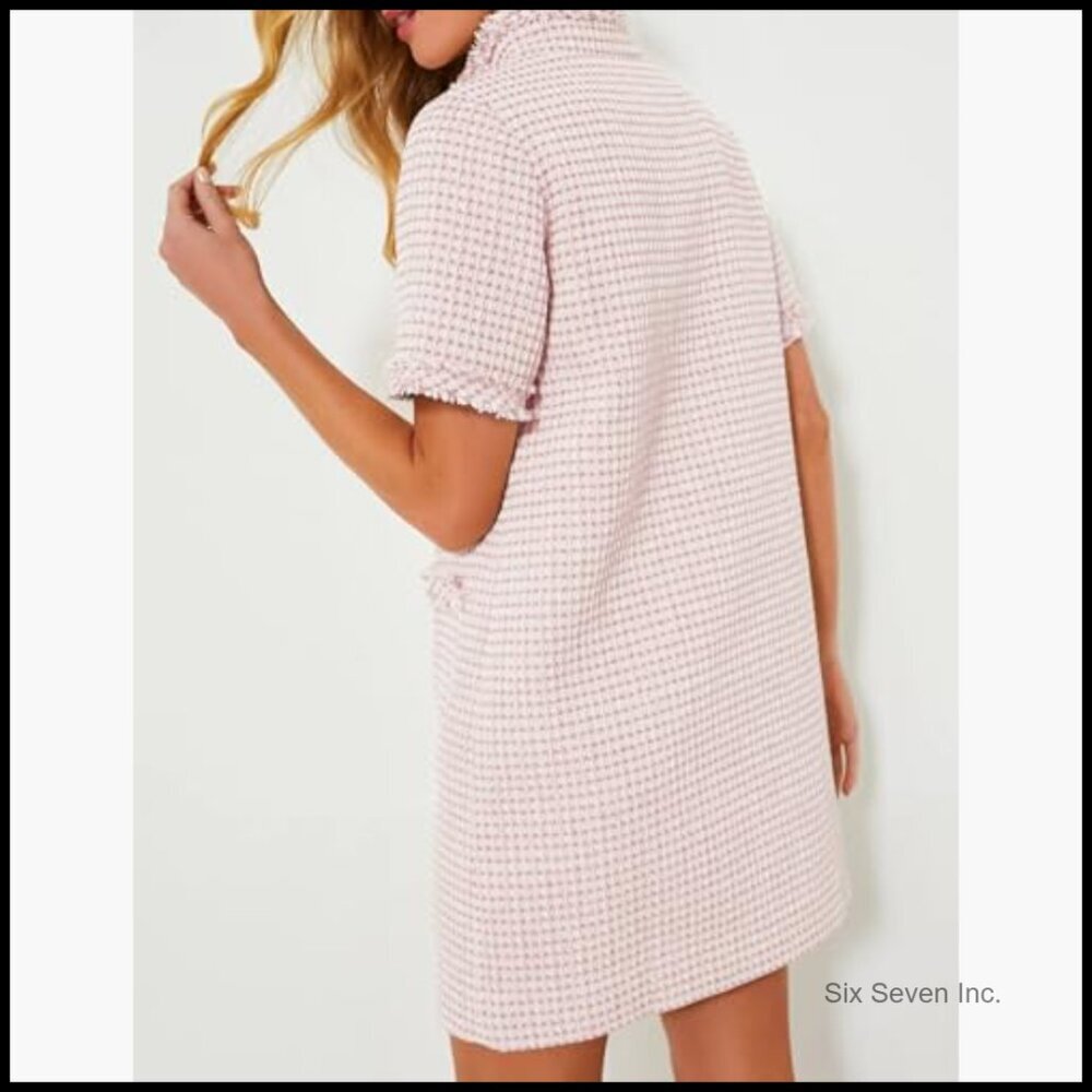 Tweed Mini Dress V-Neck Short Sleeve Bodycon Shift Casual Work - Picture 4 of 7